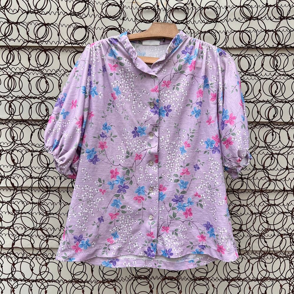Vintage El Mar California purple floral puff sleeve crepe button down blouse